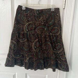 LOFT Paisley Curduroy Brown Multicolor Ruffle Flare Midi Skirt | 6